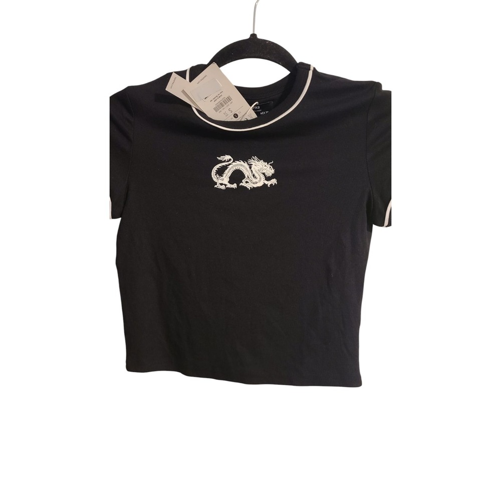 Bershka Womens Black Polyester Blend Small Dinosaur Cropped Top T-Shirt Size S